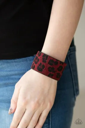 Paparazzi Cheetah Cabana - Red Fuzzy - Thick Black - Leather Band - Snap Bracelet