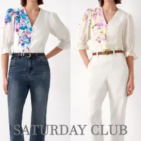 SaturdayClub  |Flower Patterns Casual Style Cropped Short Sleeves