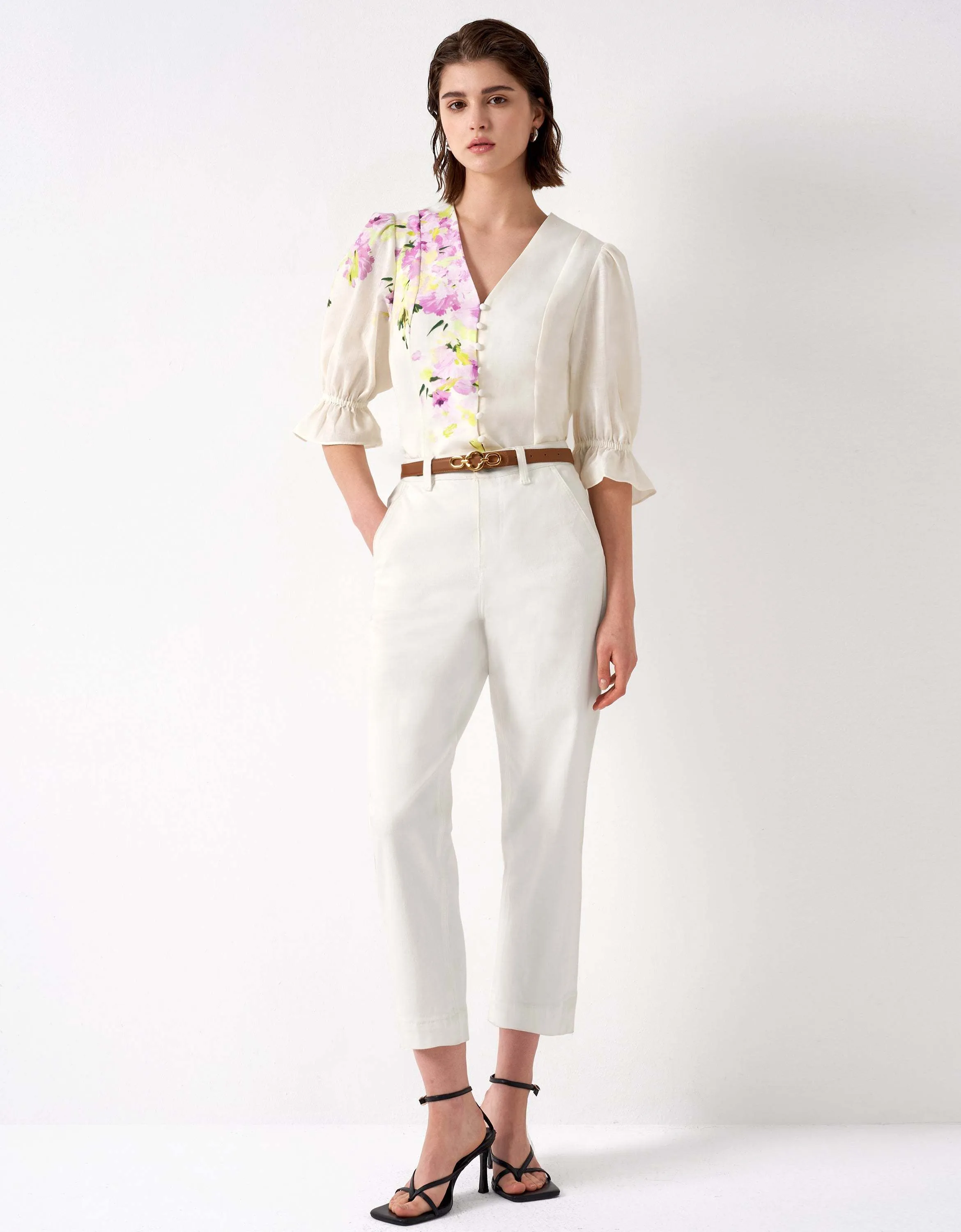 SaturdayClub  |Flower Patterns Casual Style Cropped Short Sleeves