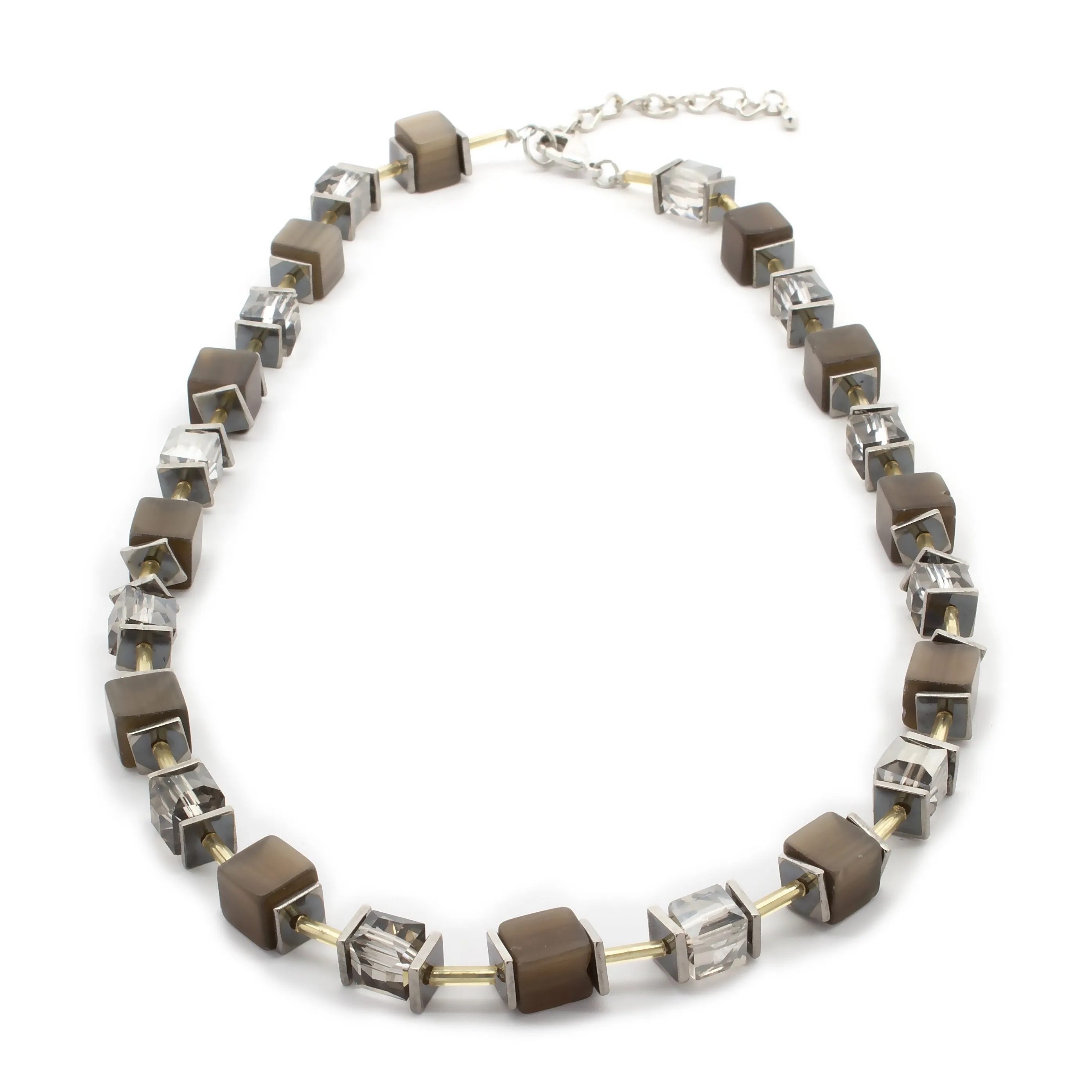 Semi Precious Stone and Crystal Cube Necklace Light Grey