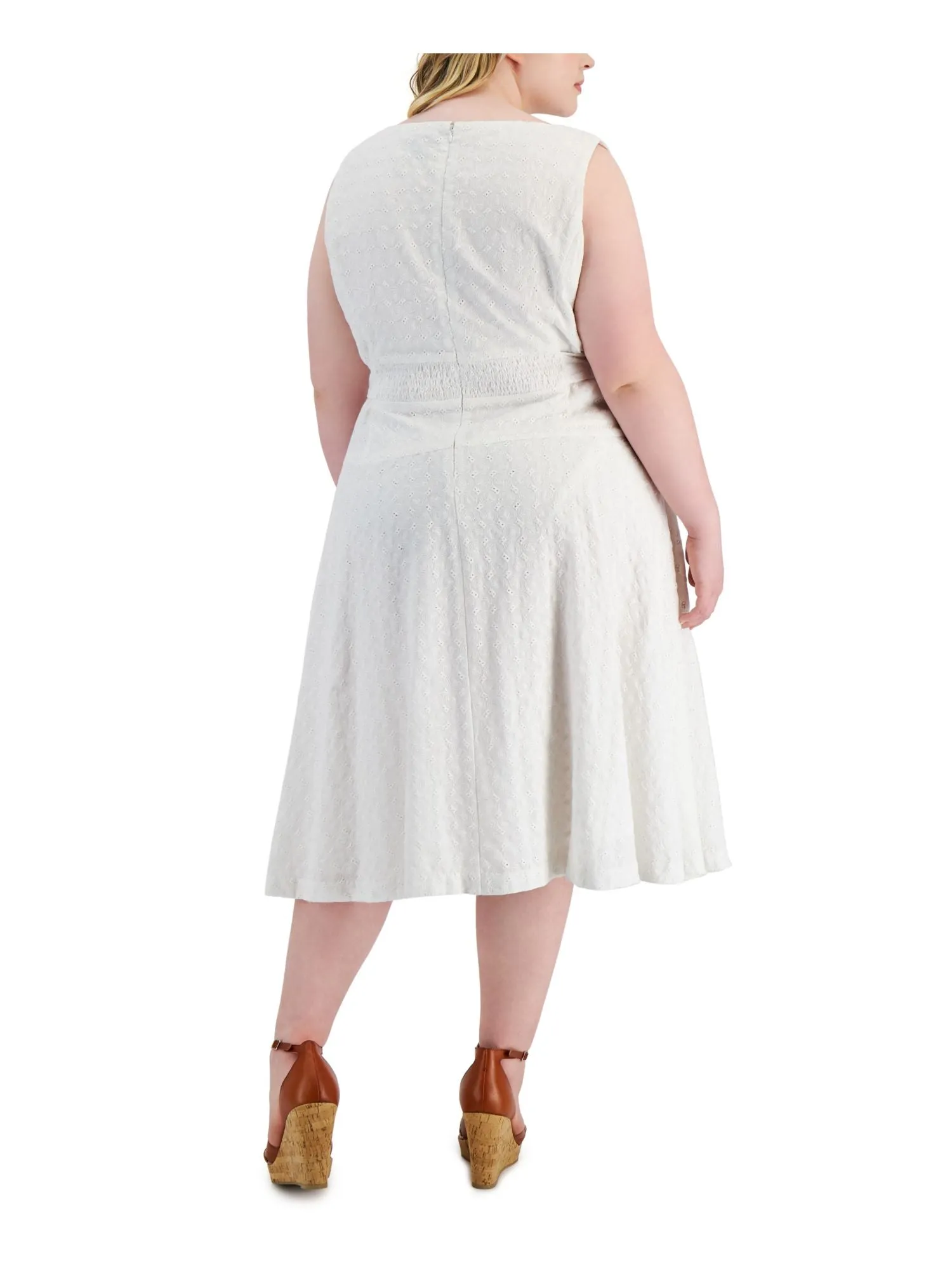 TAYLOR Womens White Zippered Belted Lined Sleeveless V Neck Midi Wear To Work Fit + Flare Dress