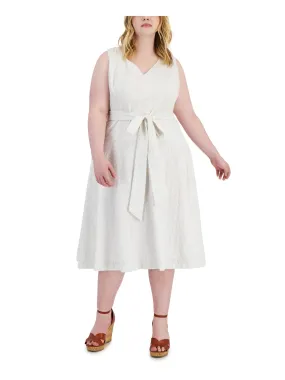 TAYLOR Womens White Zippered Belted Lined Sleeveless V Neck Midi Wear To Work Fit + Flare Dress