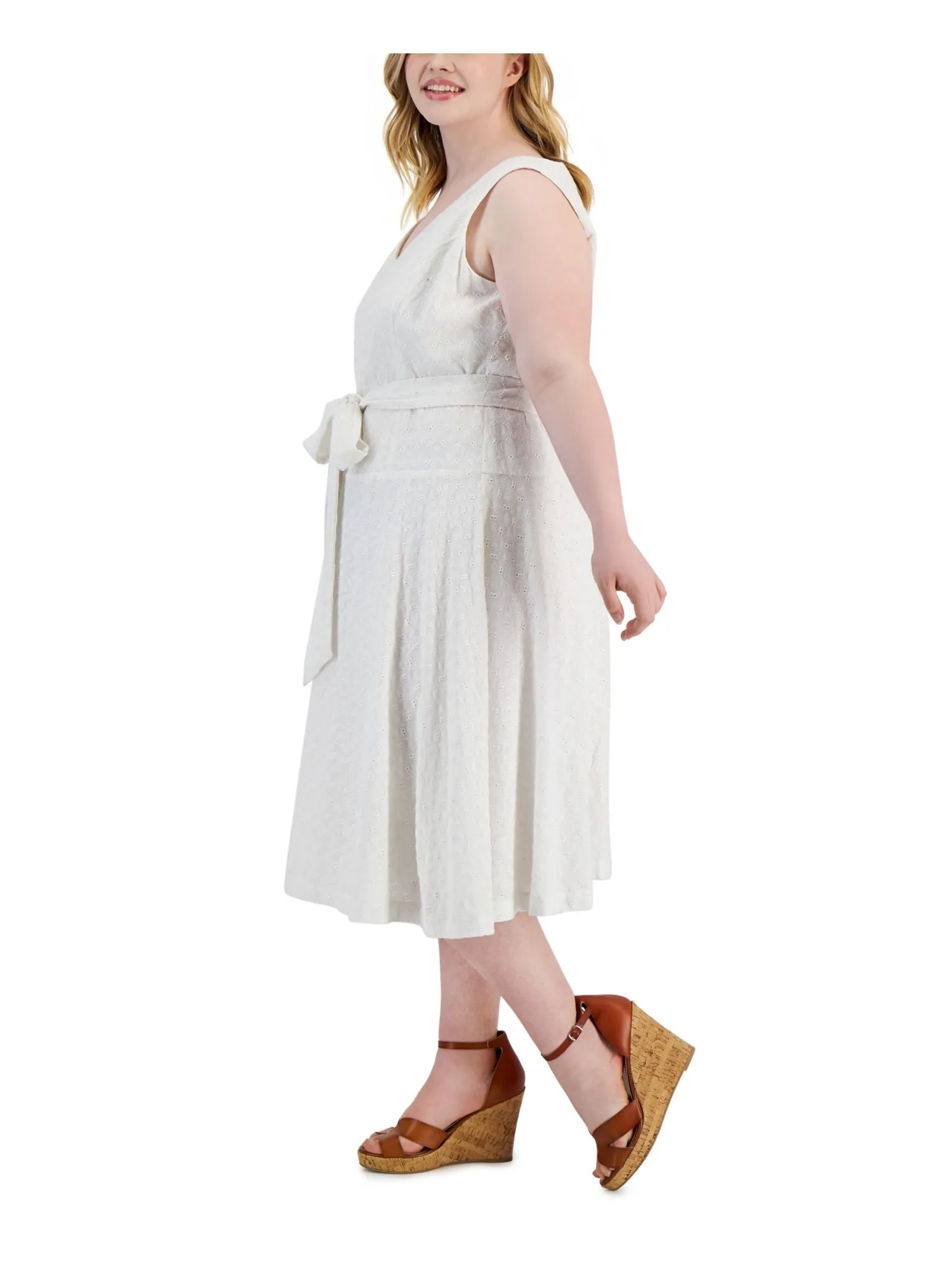 TAYLOR Womens White Zippered Belted Lined Sleeveless V Neck Midi Wear To Work Fit + Flare Dress