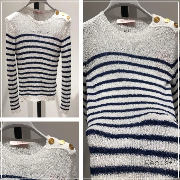 VALENTINO  |Crew Neck Stripes Casual Style Long Sleeves