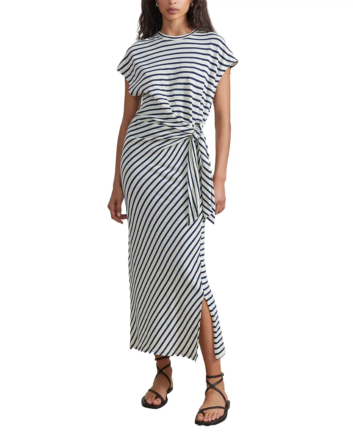 Vanina Cinched Waist Dress (Navy Cream Stripe)