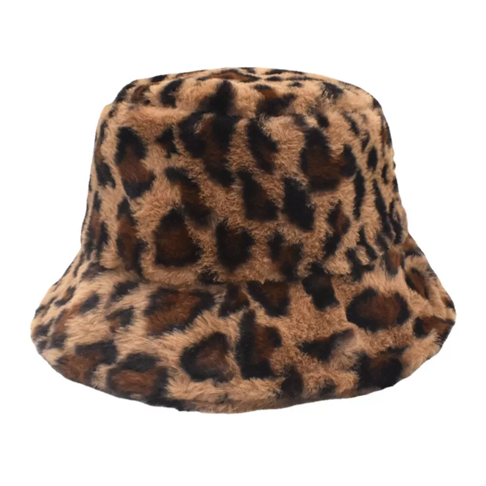 Women Lamb Hair Warm Soft Leopard Pattern Casual Personality Bucket Hat