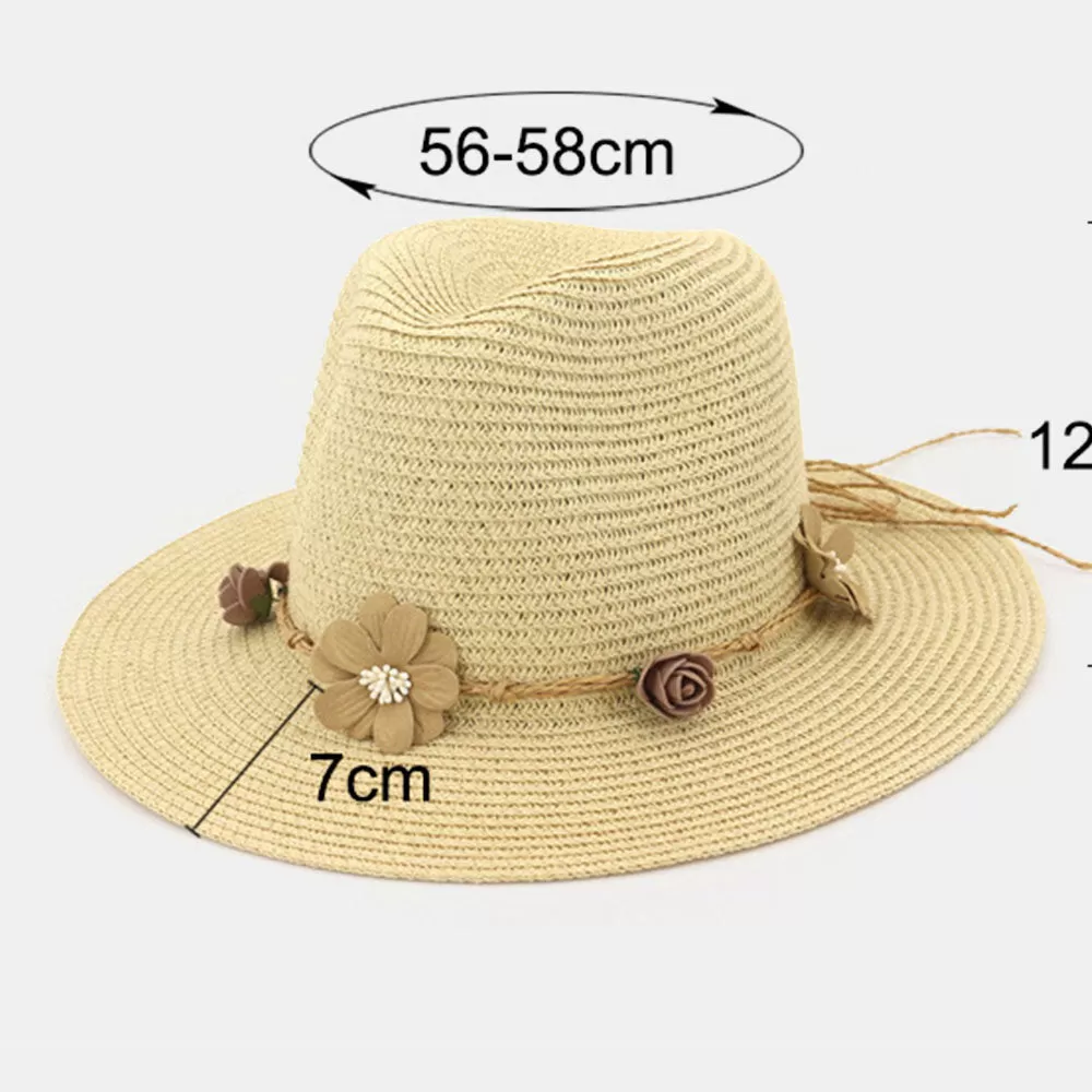 Women Sunscreen Travel Beach Sun Hat Flower Decoration Elegant Jazz Hat Straw Hat