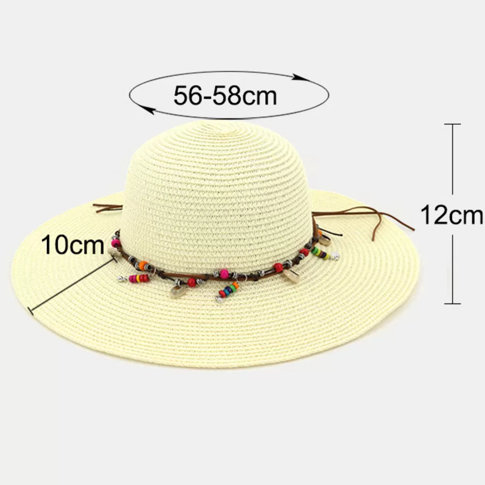 Women Sunscreen Vacation Beach Sun Hat Foldable Stylish Wild Brim Trinket Chain Decoration Straw Hat