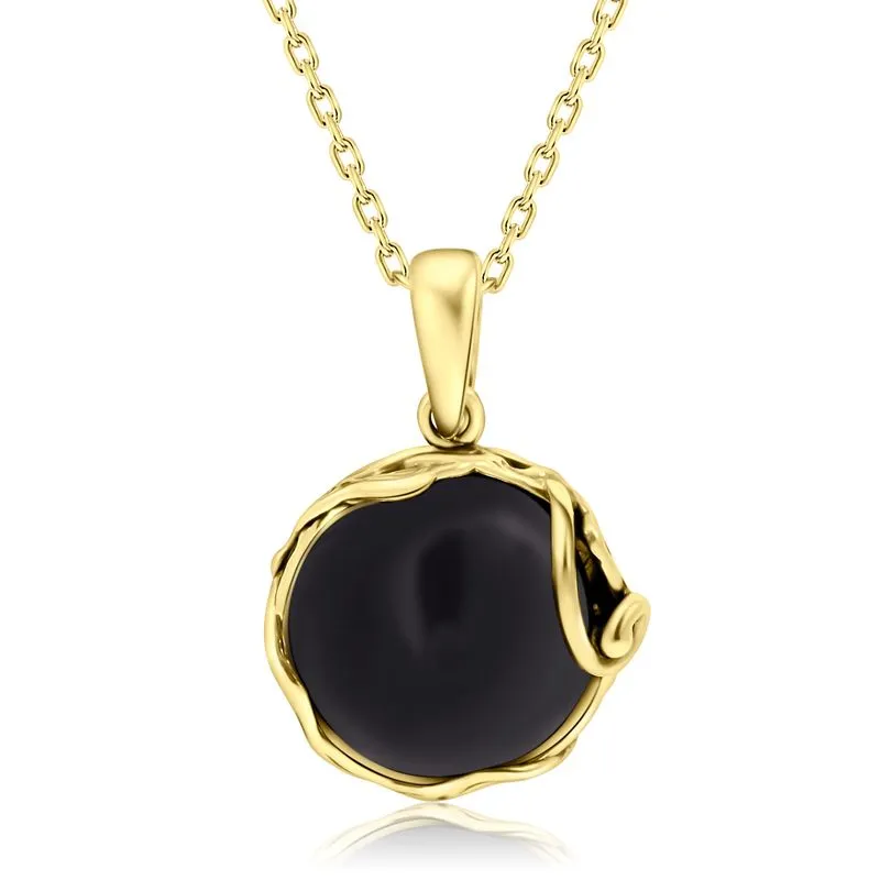 Yellow Gold Plated Round Black Onyx 14mm Pendant