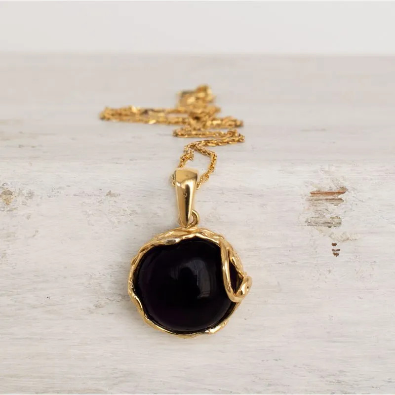 Yellow Gold Plated Round Black Onyx 14mm Pendant