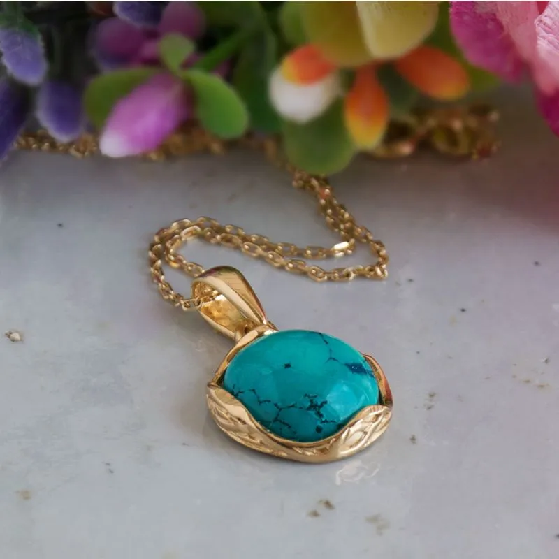 Yellow Gold Plated Round Turquoise 12mm Pendant