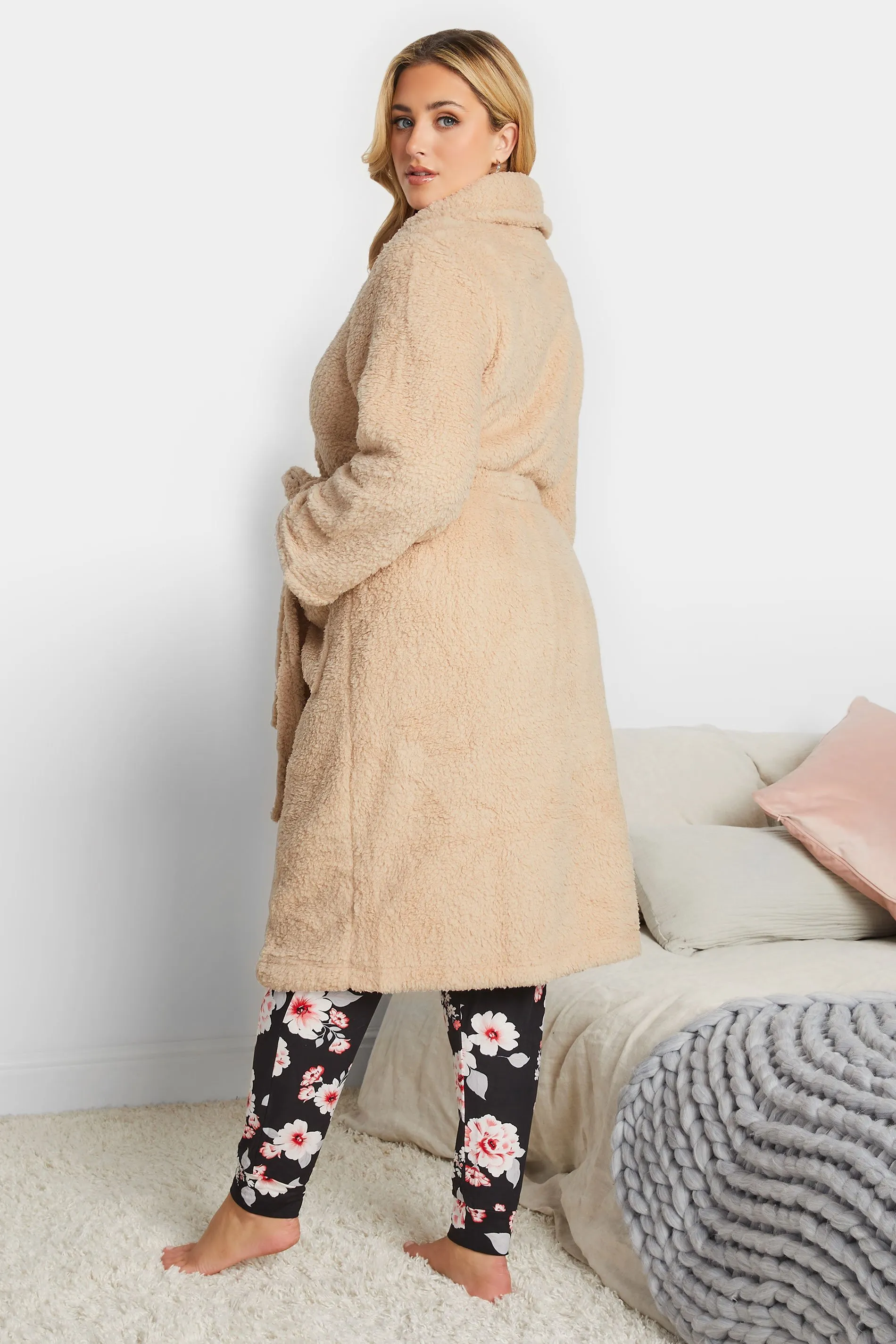 YOURS Curve Beige Brown Teddy Fleece Dressing Gown