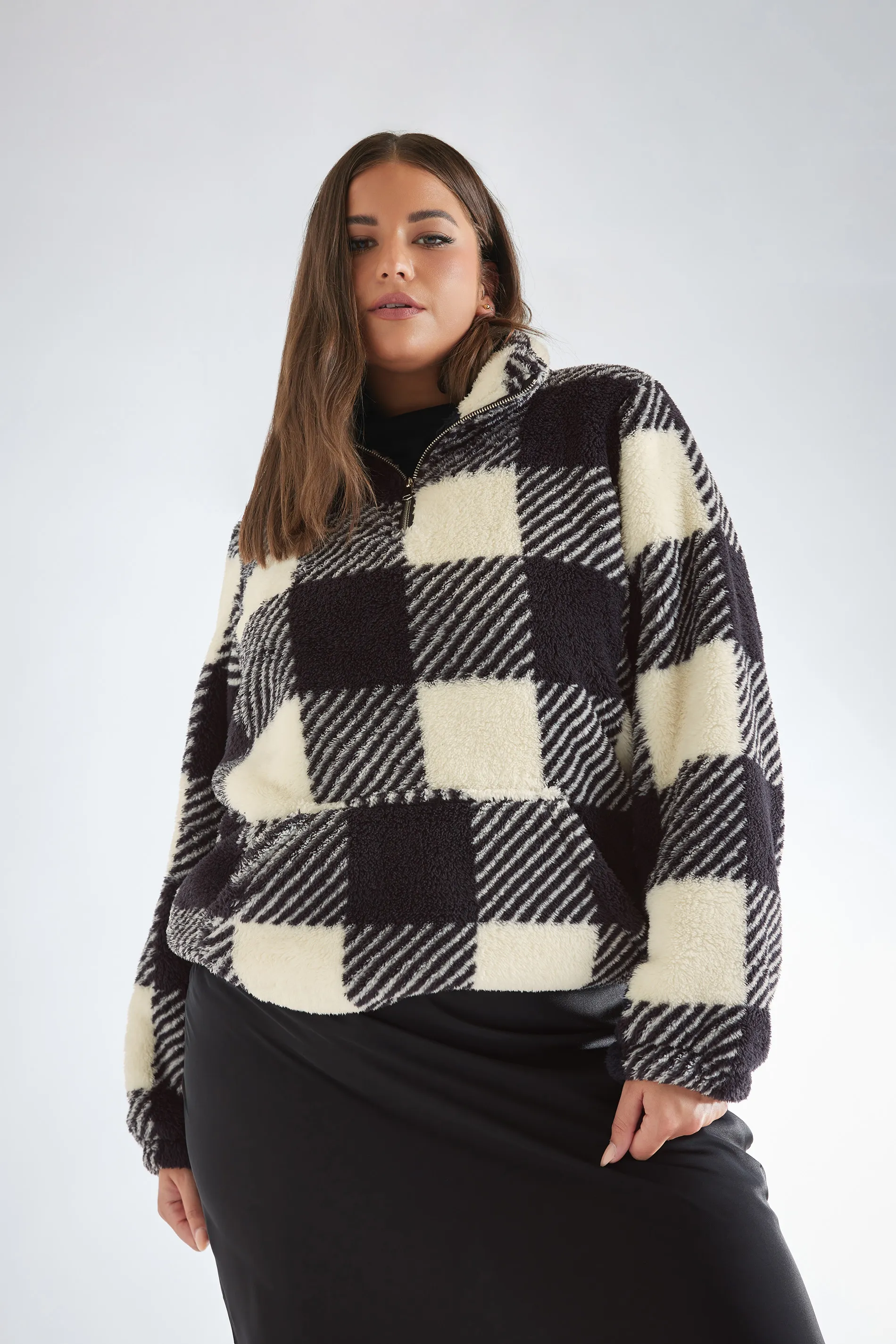 YOURS Curve Black Check Print Half Zip Fleece Sweatshirt