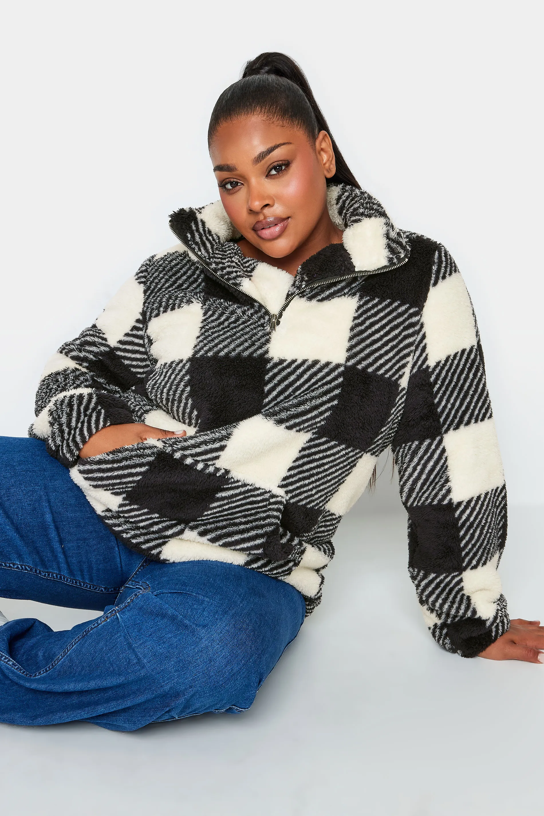 YOURS Curve Black Check Print Half Zip Fleece Sweatshirt