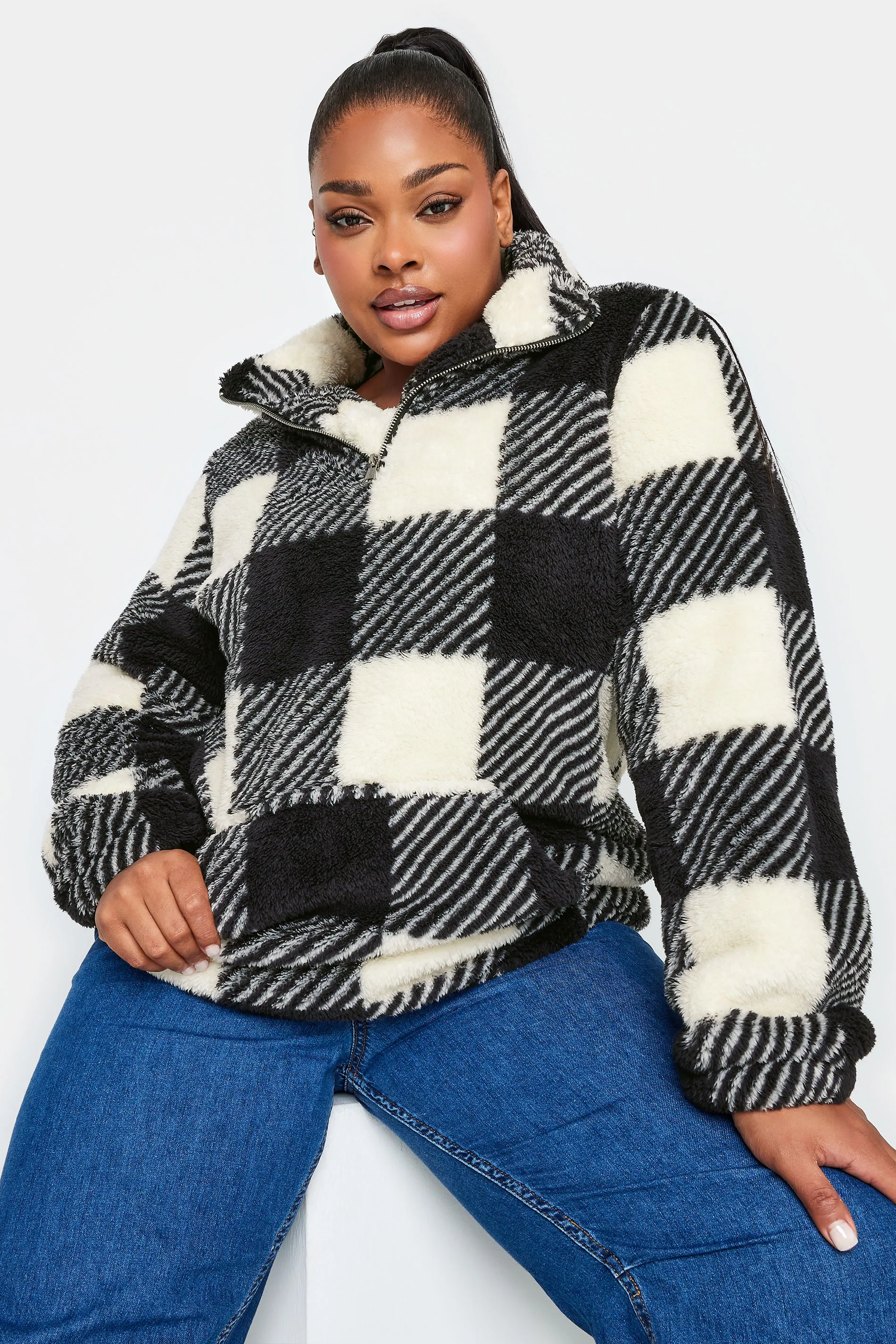 YOURS Curve Black Check Print Half Zip Fleece Sweatshirt