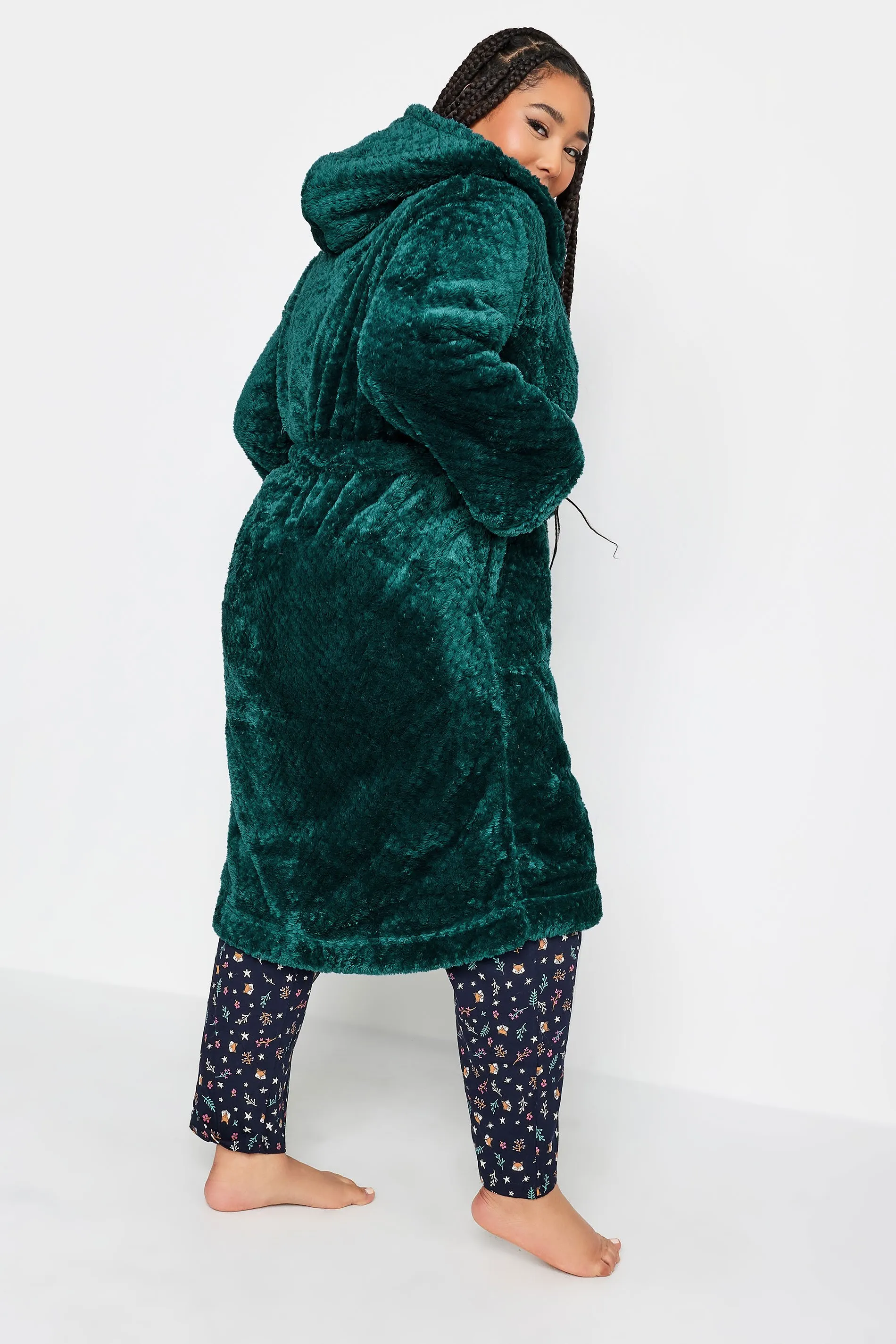 YOURS Curve Emerald Green Waffle Fleece Hooded Dressing Gown