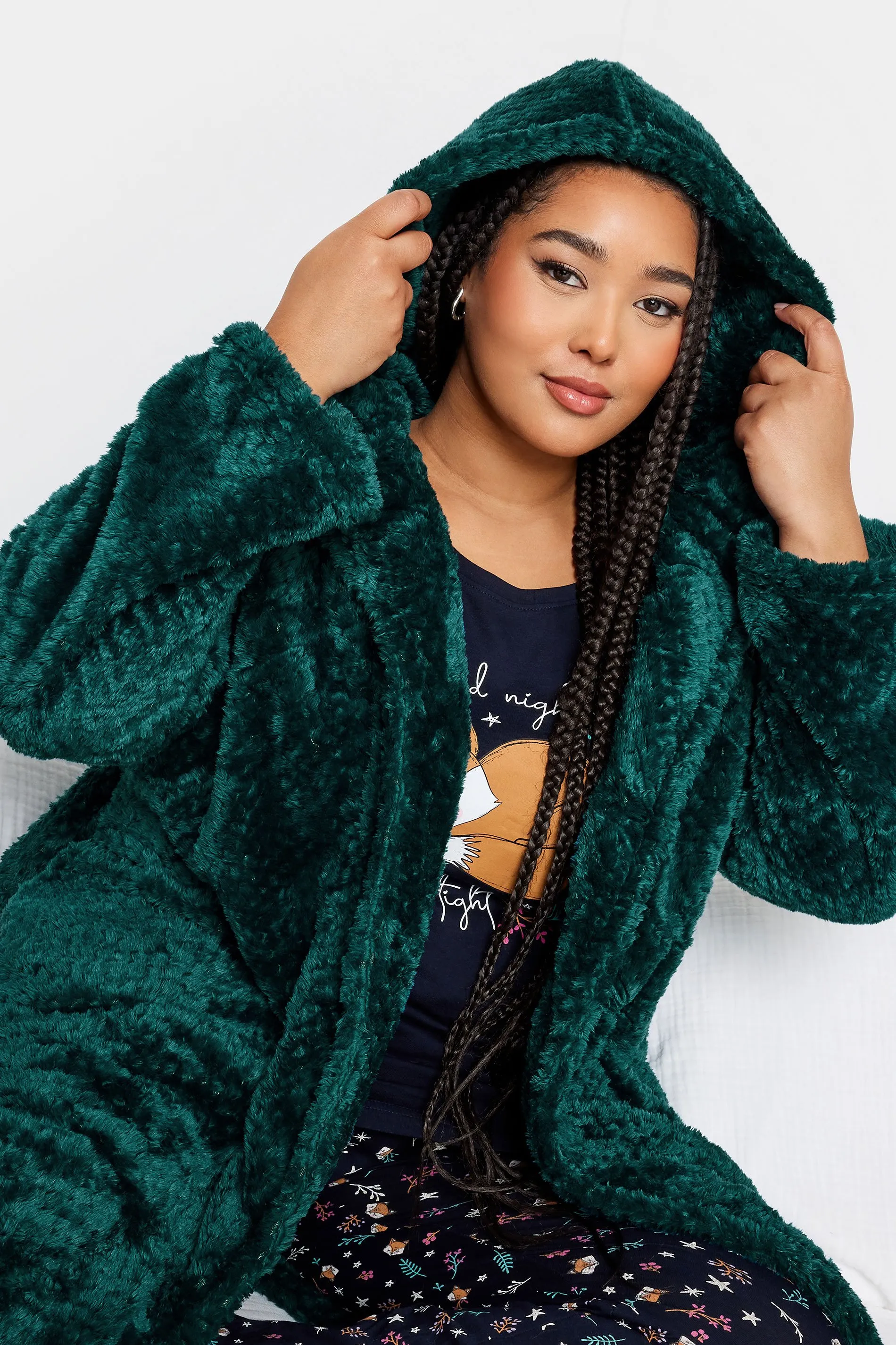 YOURS Curve Emerald Green Waffle Fleece Hooded Dressing Gown