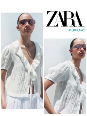 ZARA  |Casual Style Linen Plain Short Sleeves Shirts & Blouses