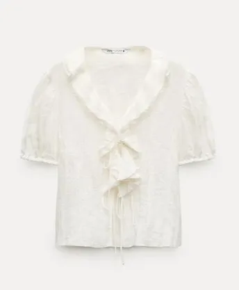 ZARA  |Casual Style Linen Plain Short Sleeves Shirts & Blouses